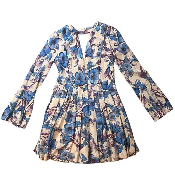 Free People Dresses & Skirts - Free People Tegan White Blue Floral Long Sleeve Keyhole Short Mini Dress Size 2